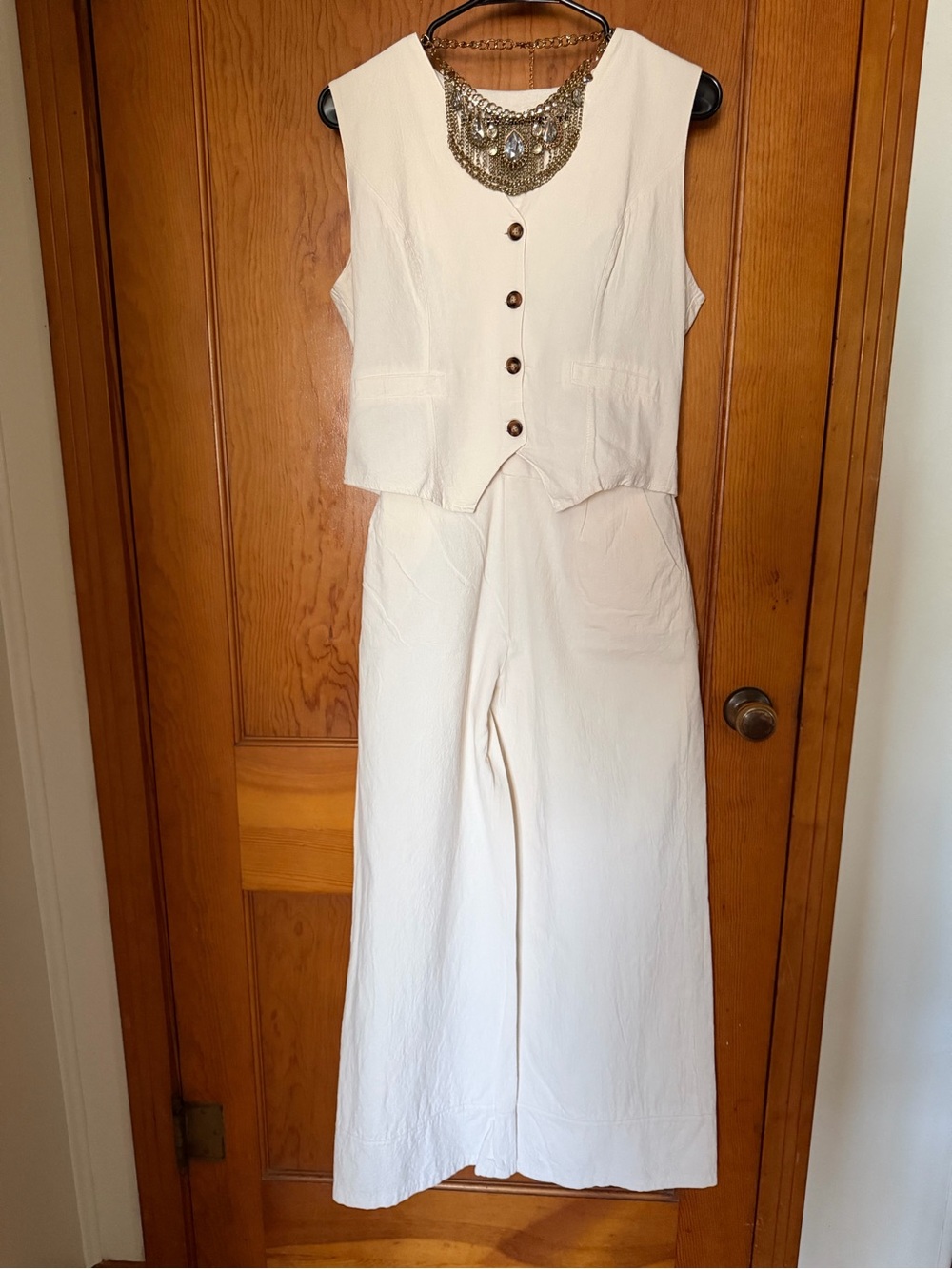 Cream Wide-Leg Pants with Button-Front Vest